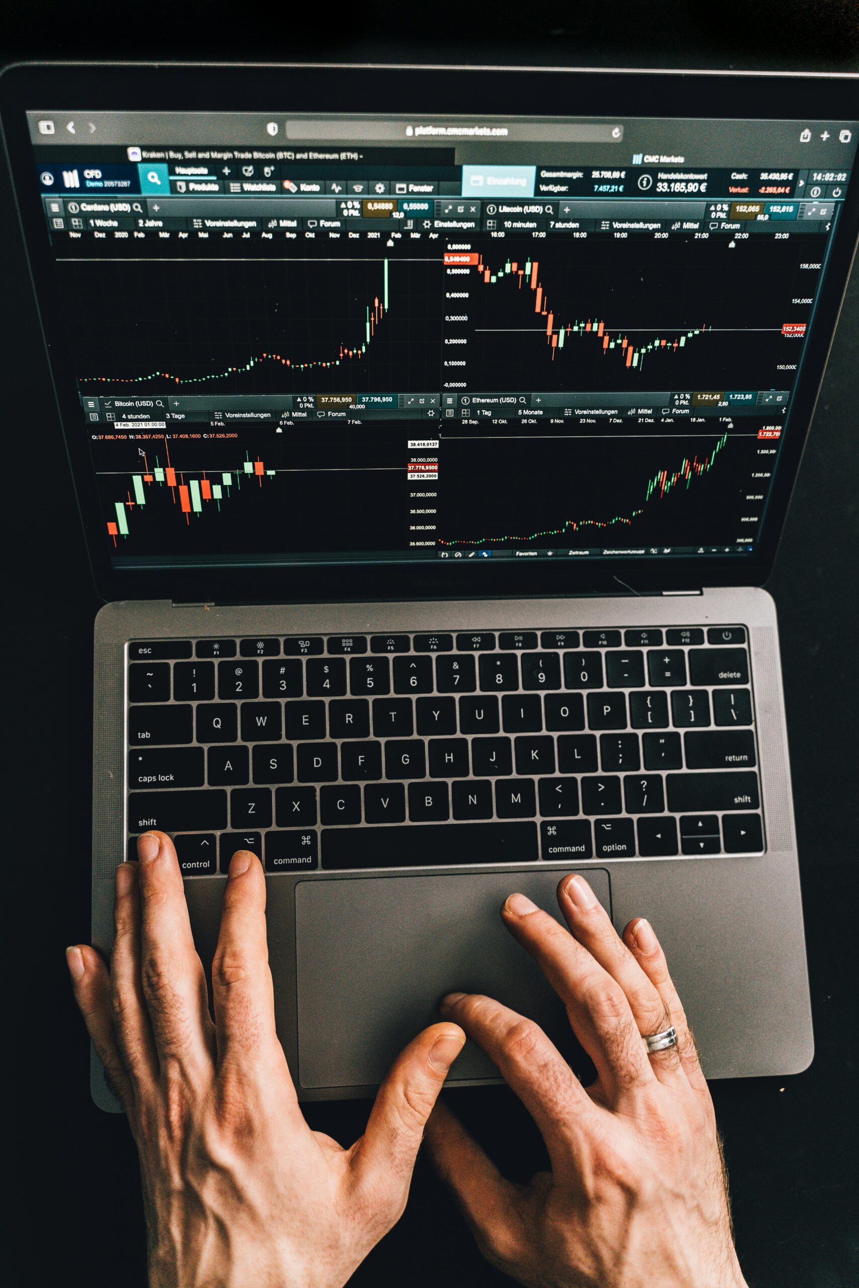 Close-up of hands using a laptop displaying stock market charts.